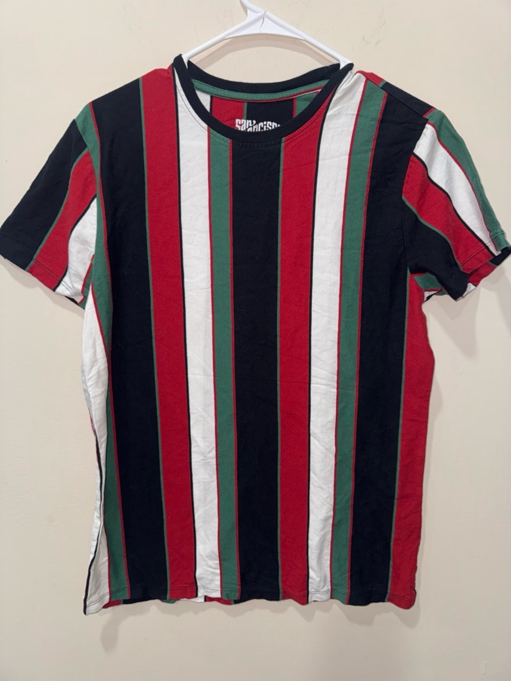 Men's Short-Sleeve Vertical Stripe Tee in Black, Red, White & Green